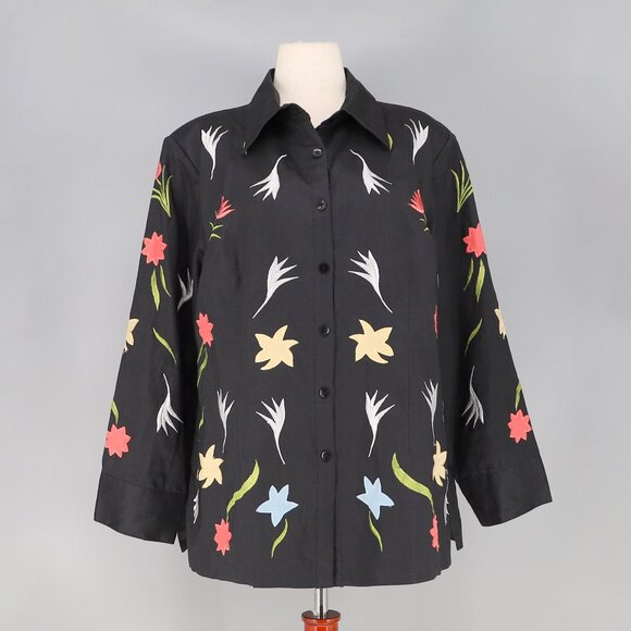 LA REA COLLECTION Tops - VINTAGE LA REA COLLECTION 100% Linen Botanical Embroidery Shirt Black Size 2X